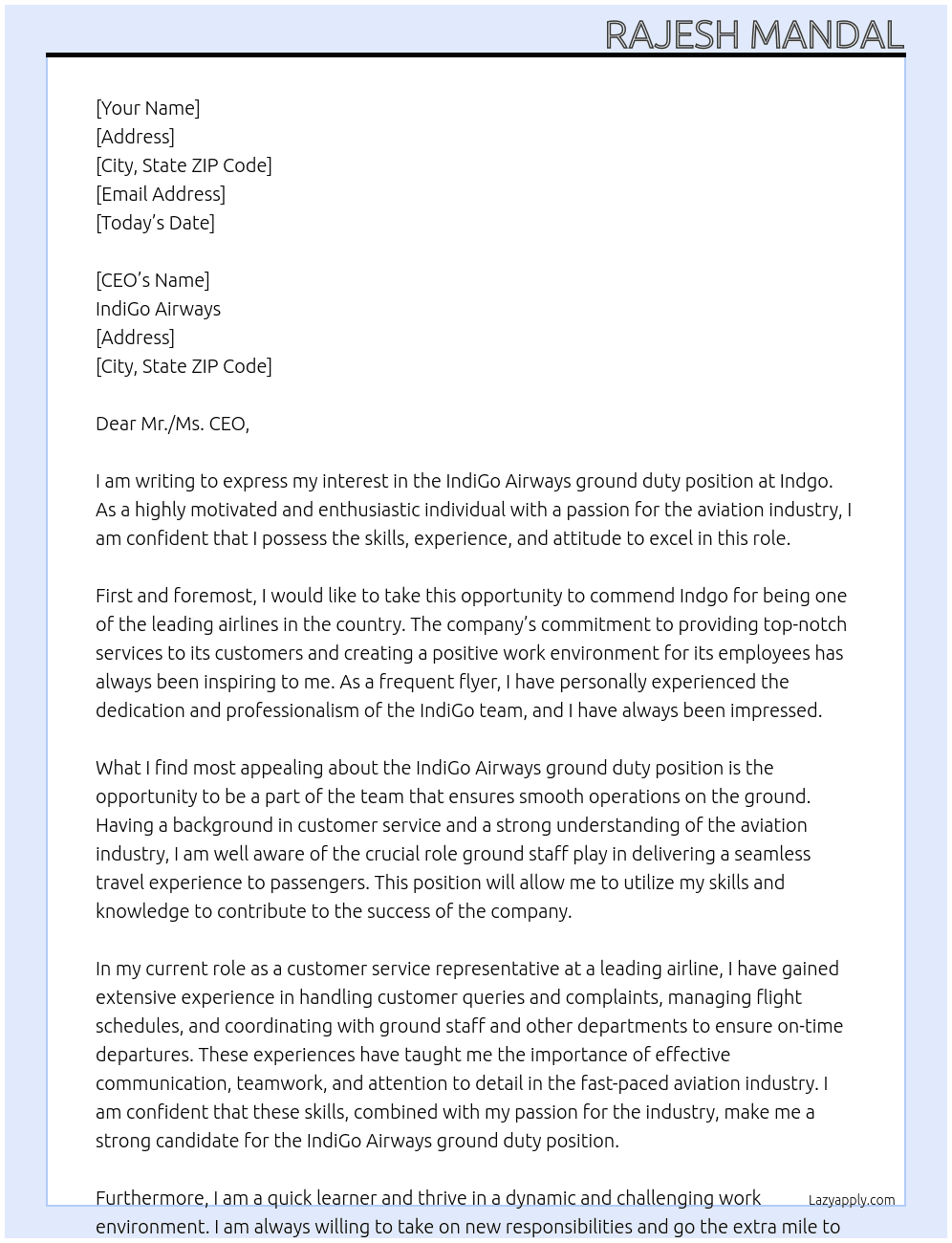 IndiGo Airways ground duty At Indgo Cover Letter