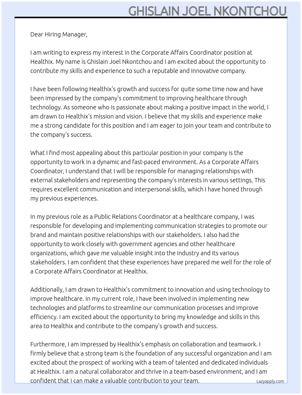 Corporate Affairs Coordinator At Healthix Cover Letter