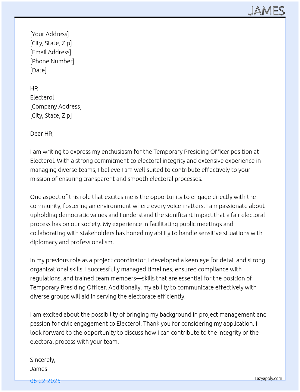 Temporary Presiding Officer At Electerol Cover Letter