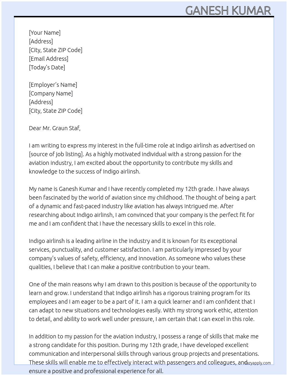 Indigo airlinsh At Indigo airlinsh Cover Letter