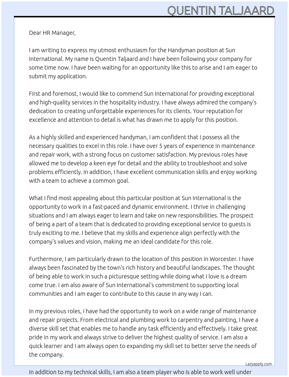 Handyman At Sun International  Cover Letter