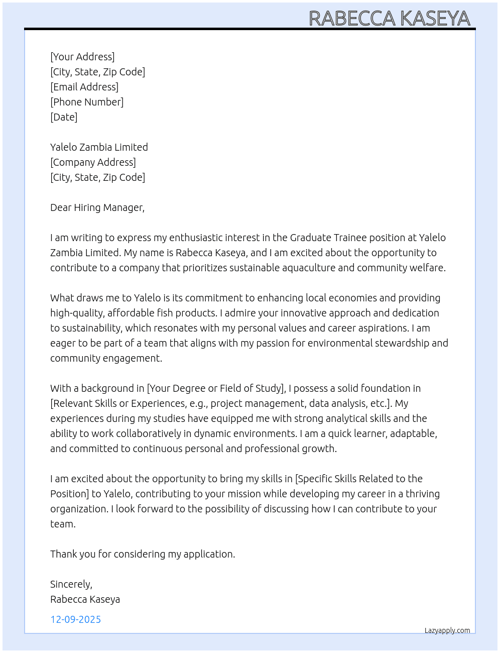 Graduate Trainee At Yalelo Zambia Limited Cover Letter