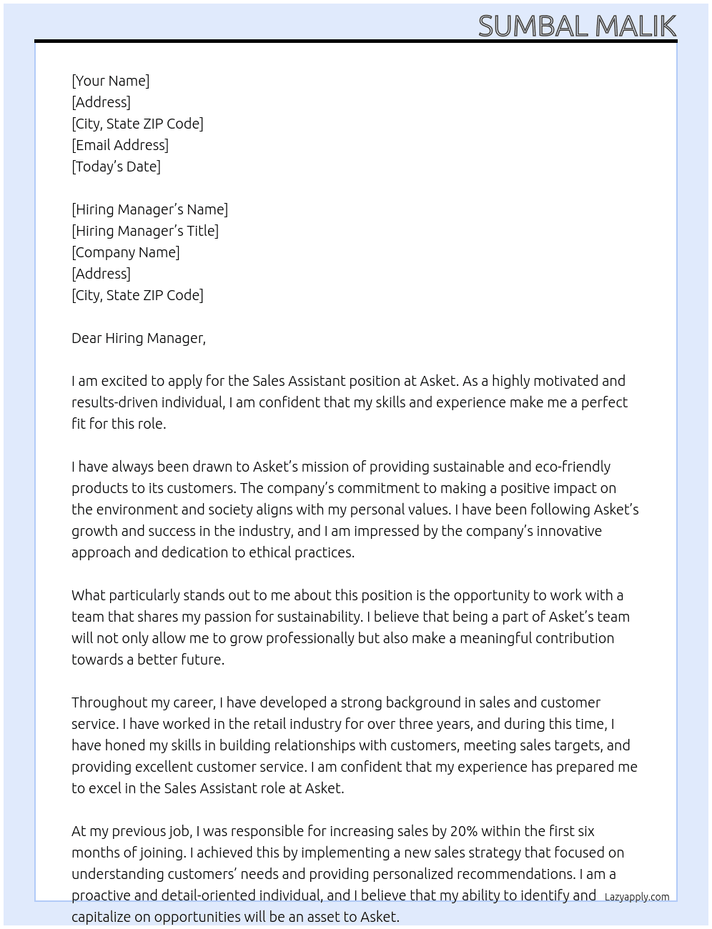 sales assistant At Asket Cover Letter