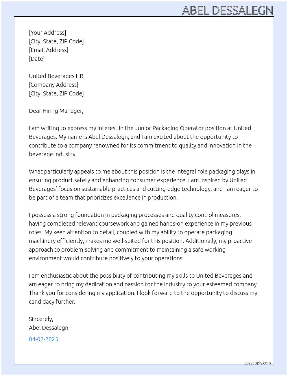 Cover letter for junior packaging operator - LazyApply