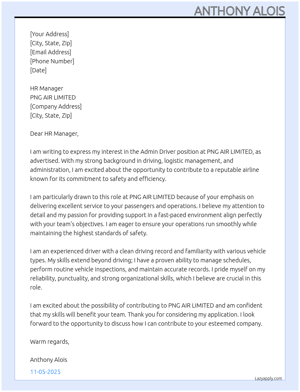 Admin Driver  At PNG AIR LIMITED  Cover Letter