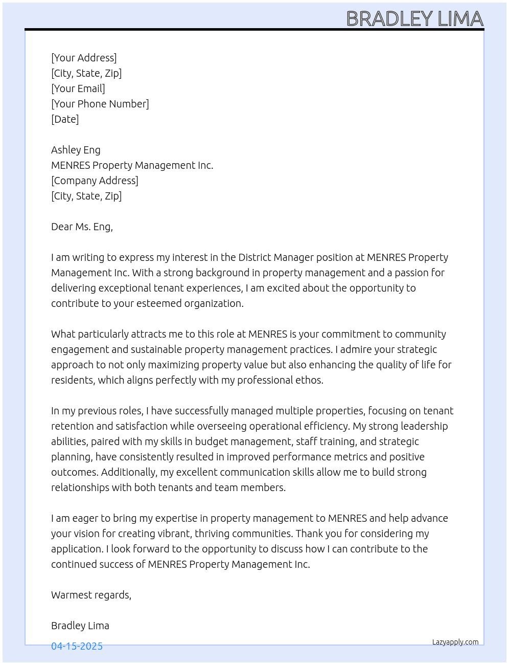 District Manager At MENRES Property Management inc. Cover Letter