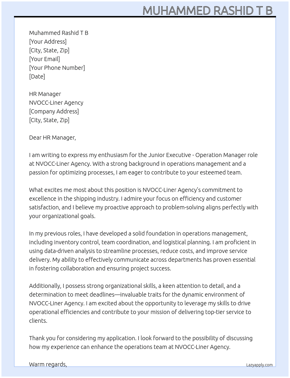 Cover letter for junior executive - operation manager - LazyApply