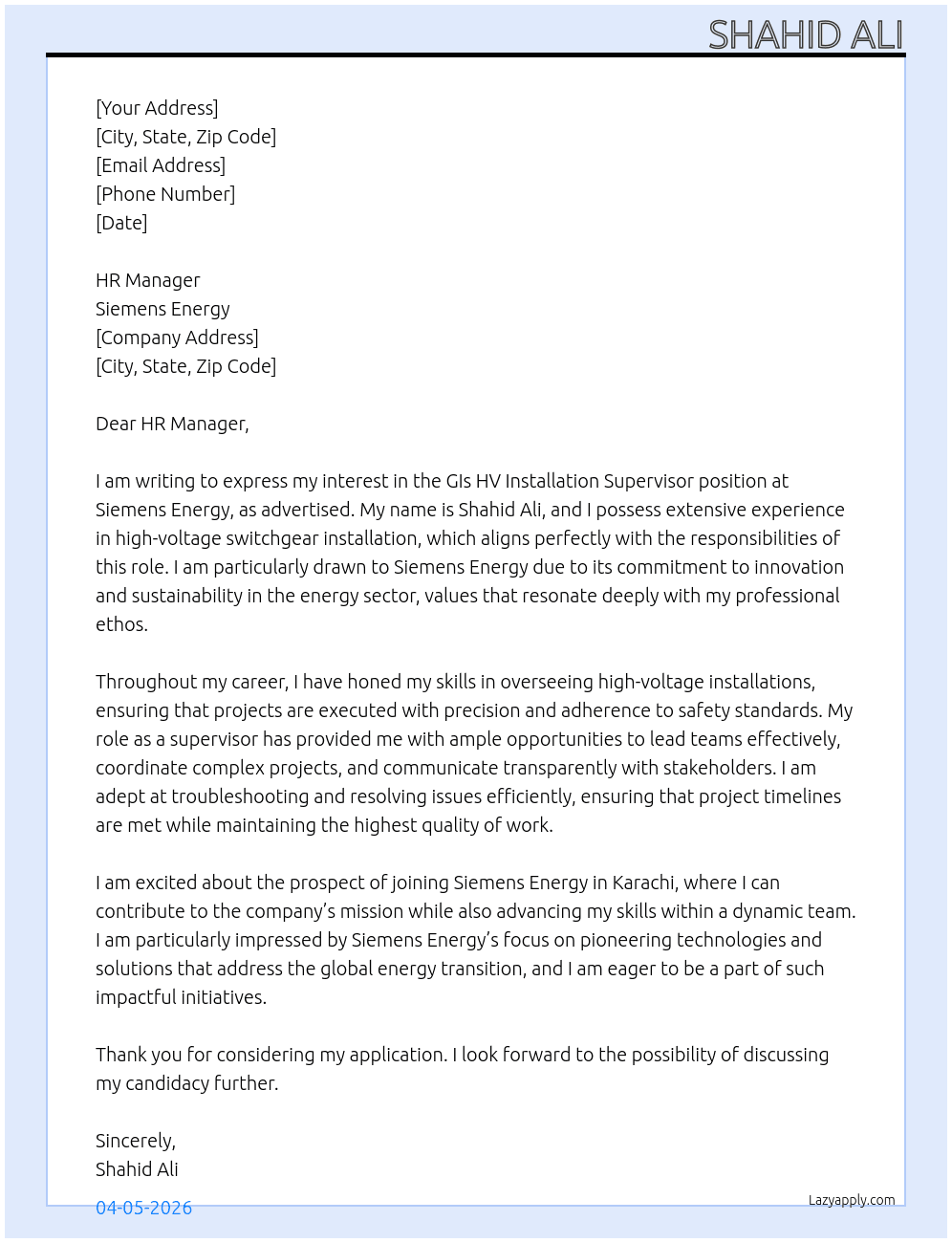 GIs HV installation supervisor At Siemens Energy Cover Letter