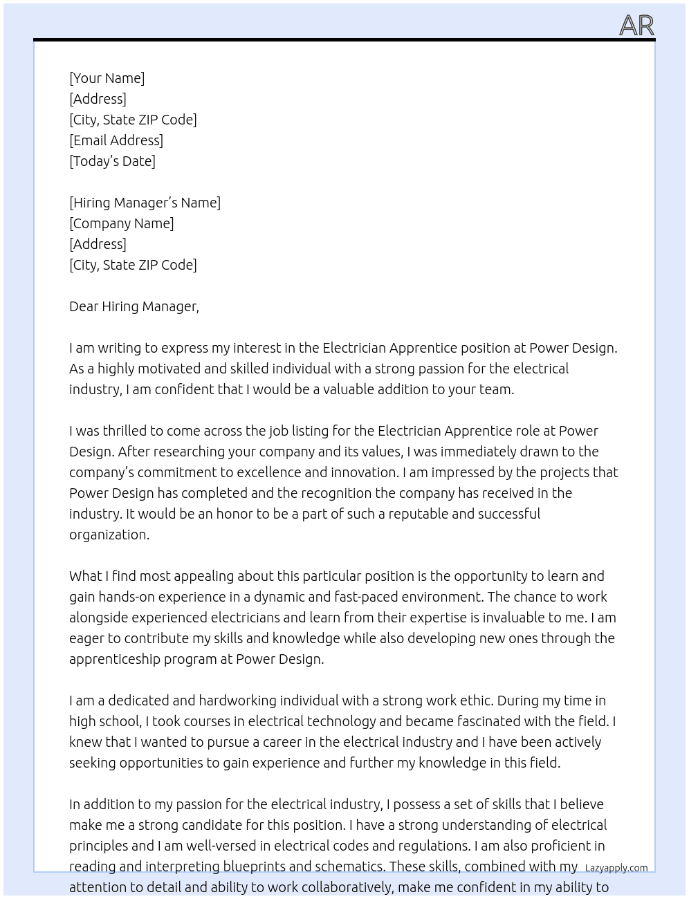 Electrician apprentice At Power Design Cover Letter