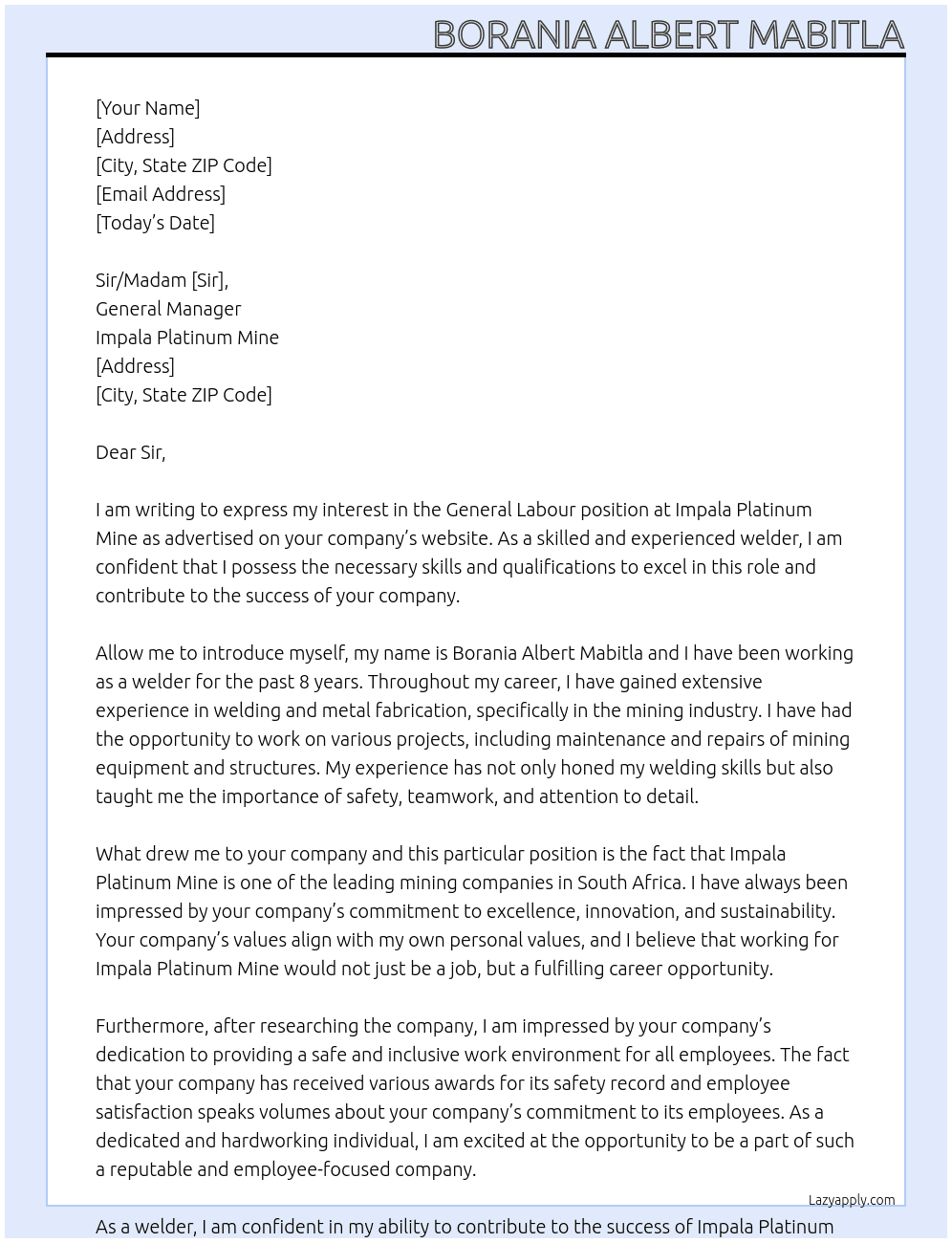 General Labour At Impala platinum mine  Cover Letter