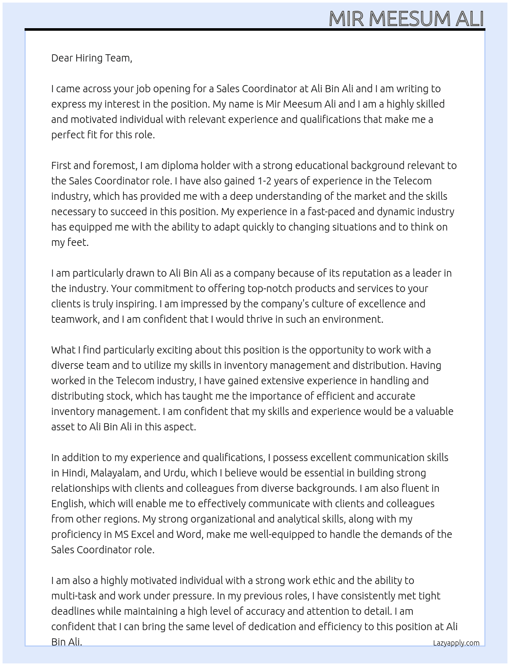 Sales Coordinator At Ali Bin Ali Cover Letter