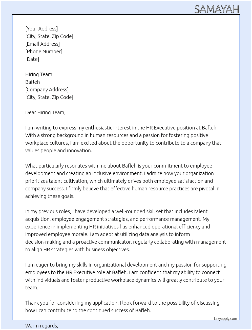 Hr executive  At Bafleh Cover Letter