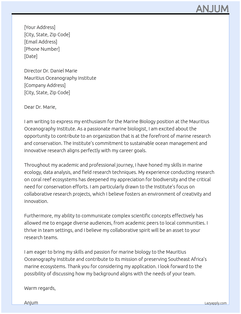Marine Biology At Mauritius Oceanography Institute Cover Letter