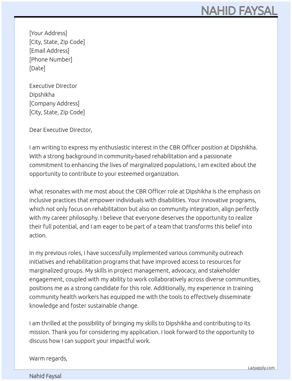 Cover letter for cbr officer - LazyApply