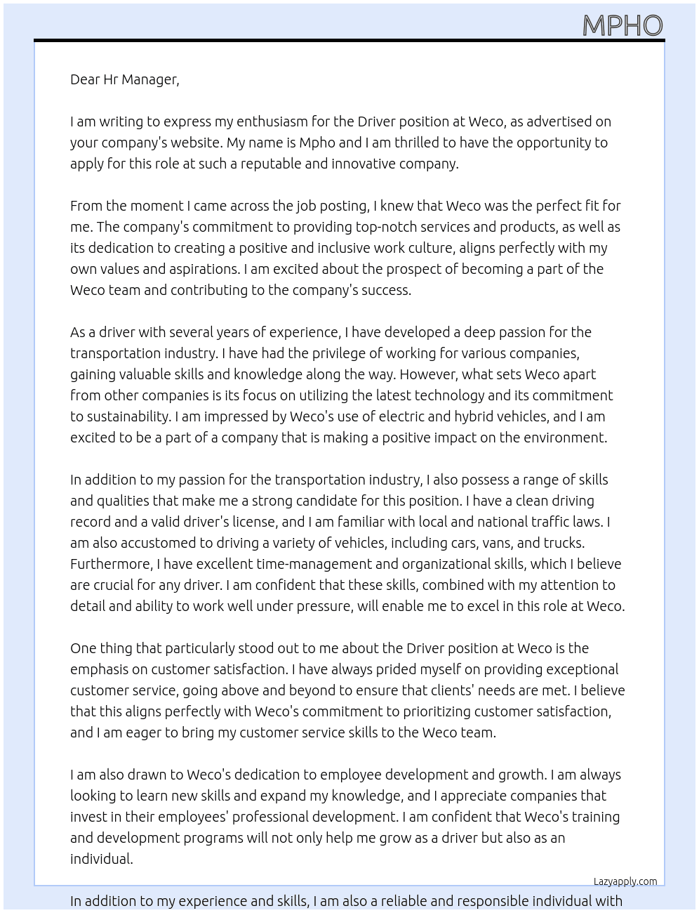 Driver At Weco  Cover Letter