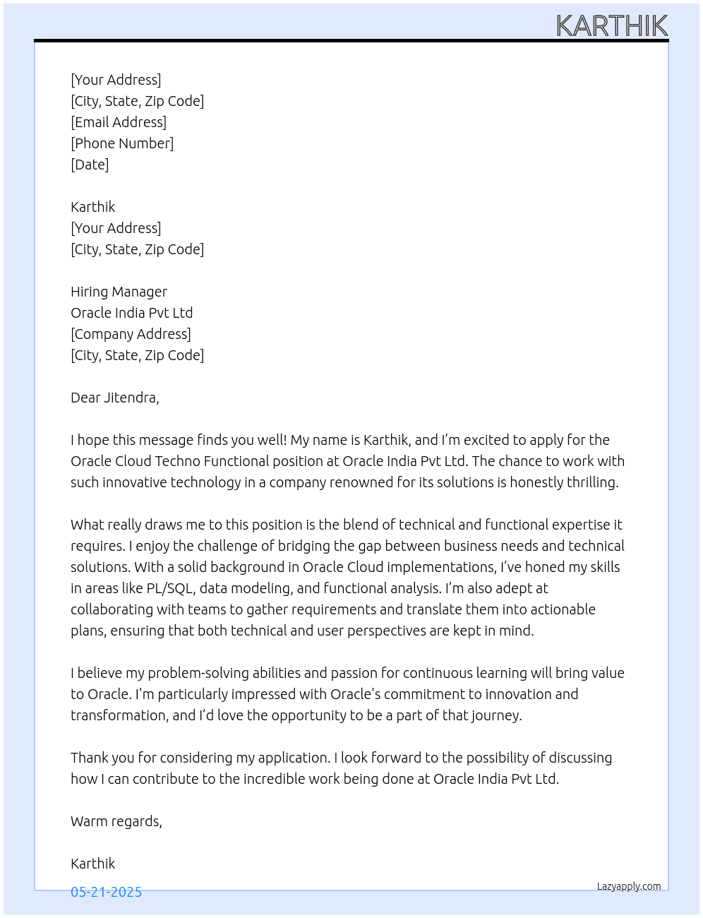 Oracle Cloud Techno Functional At Oracle India Pvt Ltd Cover Letter