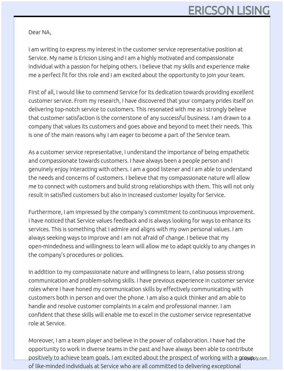 Customer service representative  At Service Cover Letter