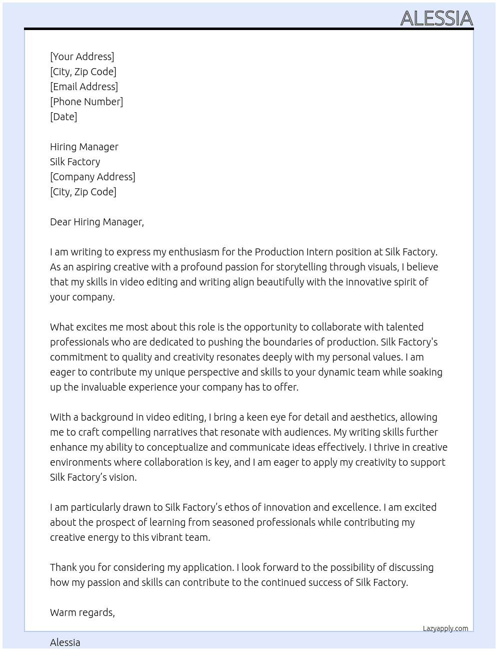 Cover letter for production intern - LazyApply