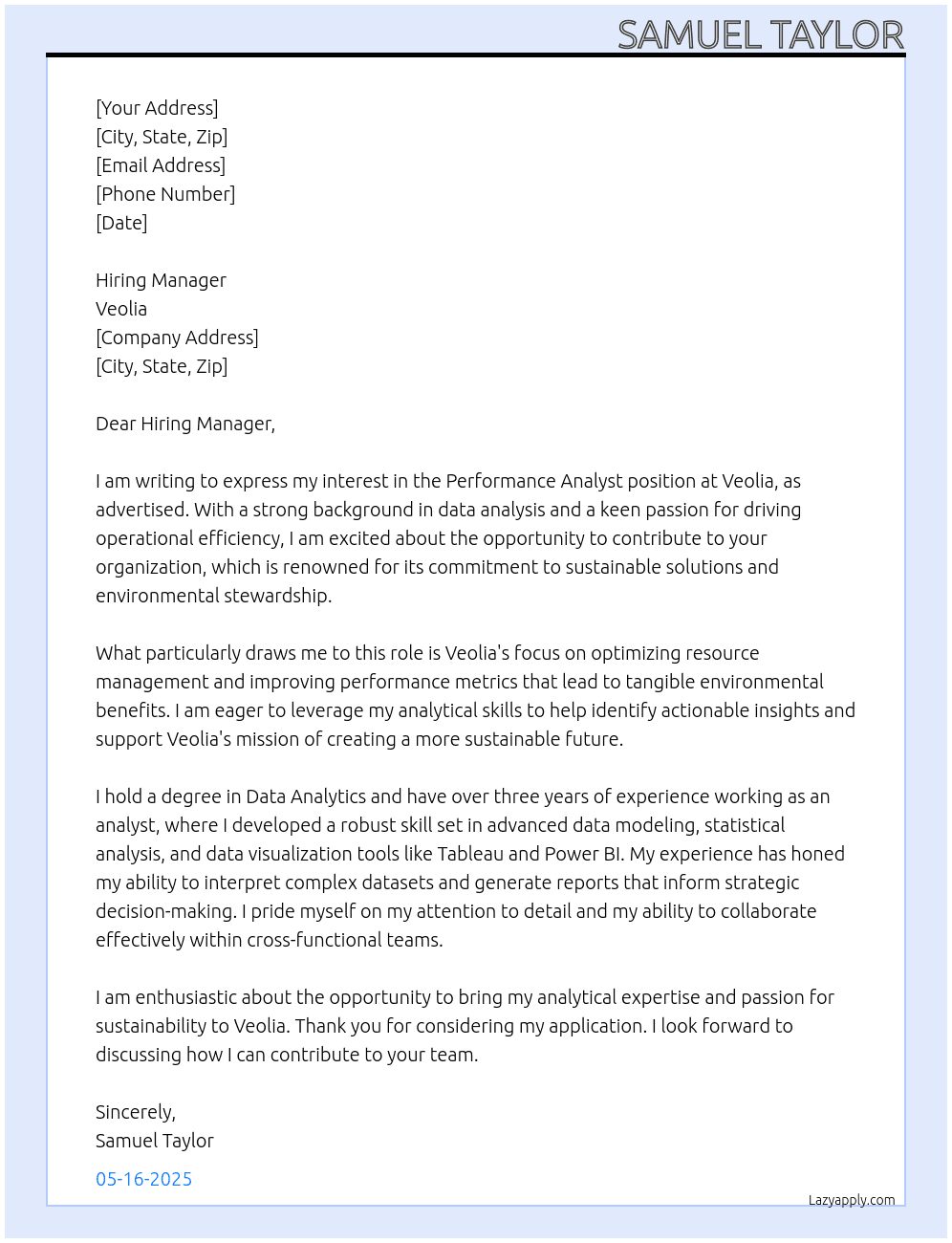Performance Analyst At Veolia Cover Letter