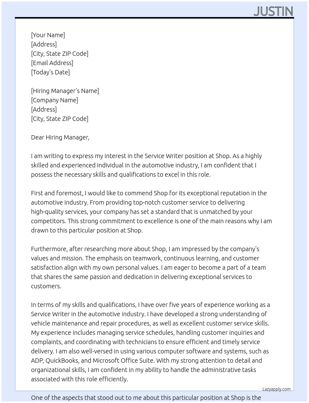 Service Writer At Shop Cover Letter