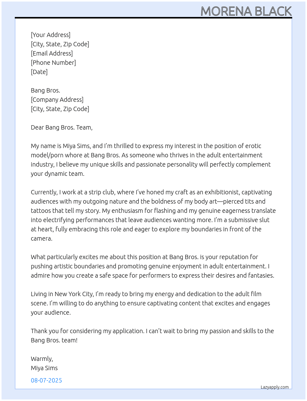 Erotic model / porn whore At Bang Bros. Cover Letter