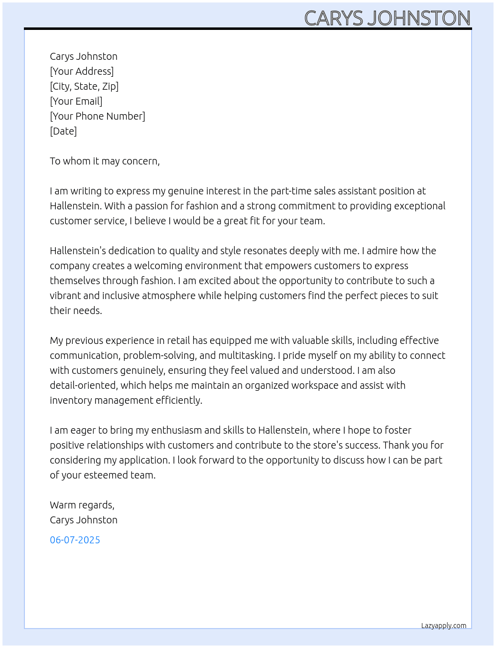 Part time sales assistant  At Hallenstein Cover Letter