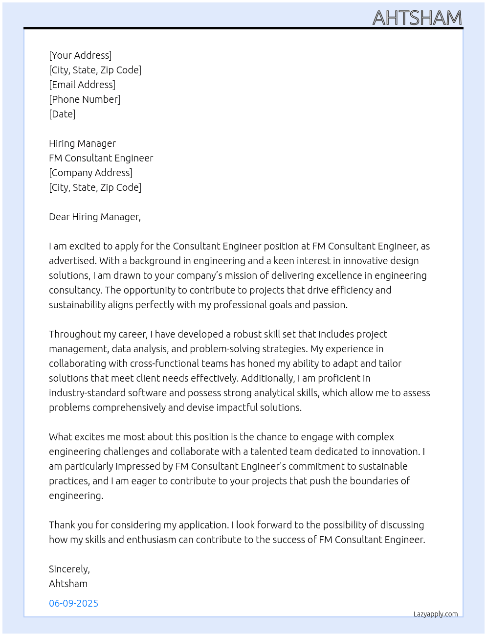 Consultant Engineer At FM Consultant Engineer Cover Letter