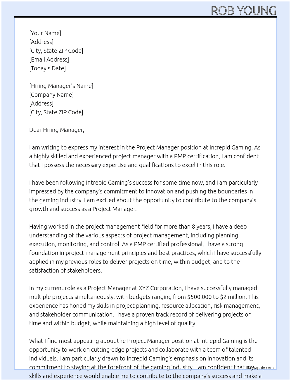 Project manager  At Intrepid Gaming Cover Letter