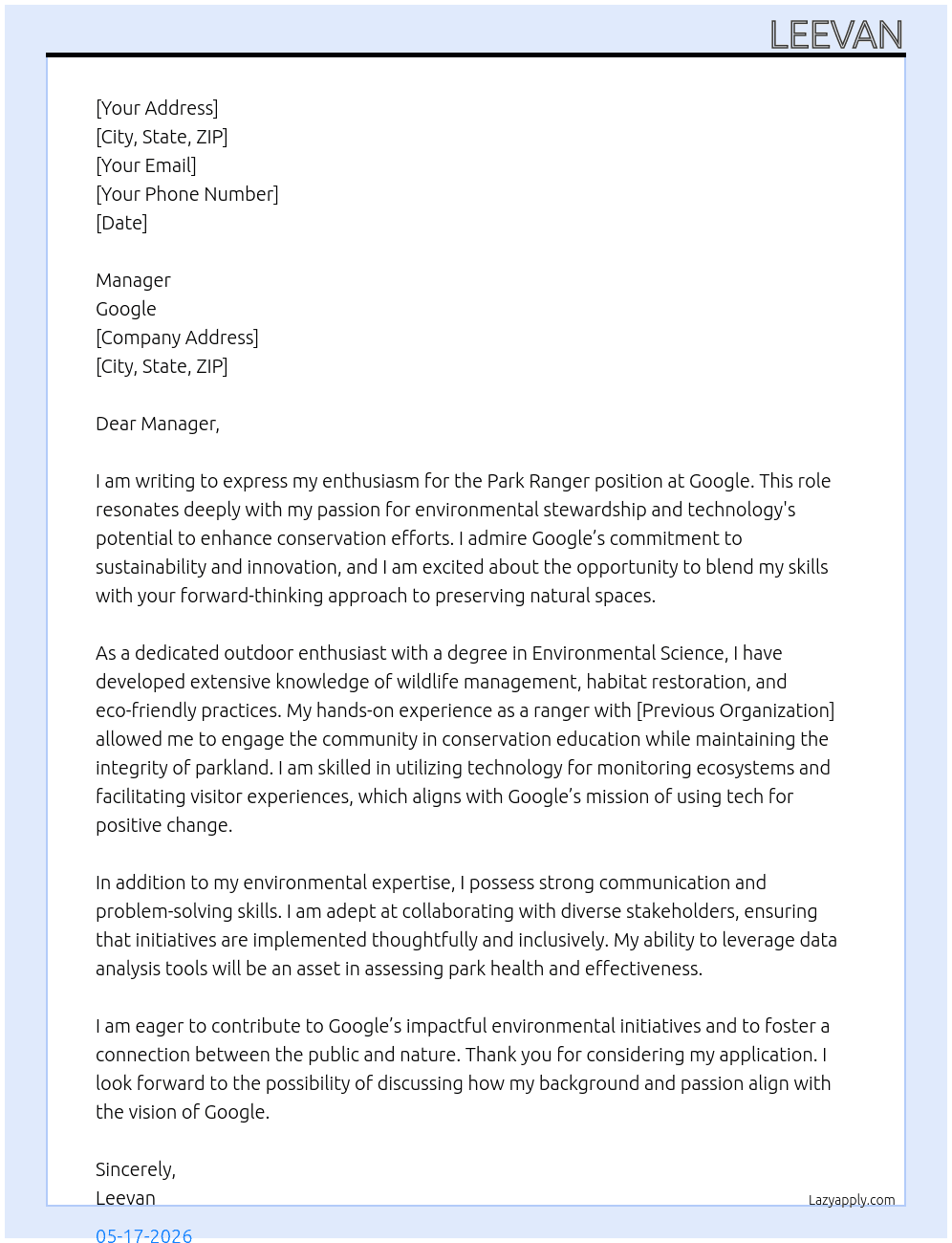 park ranger At google Cover Letter