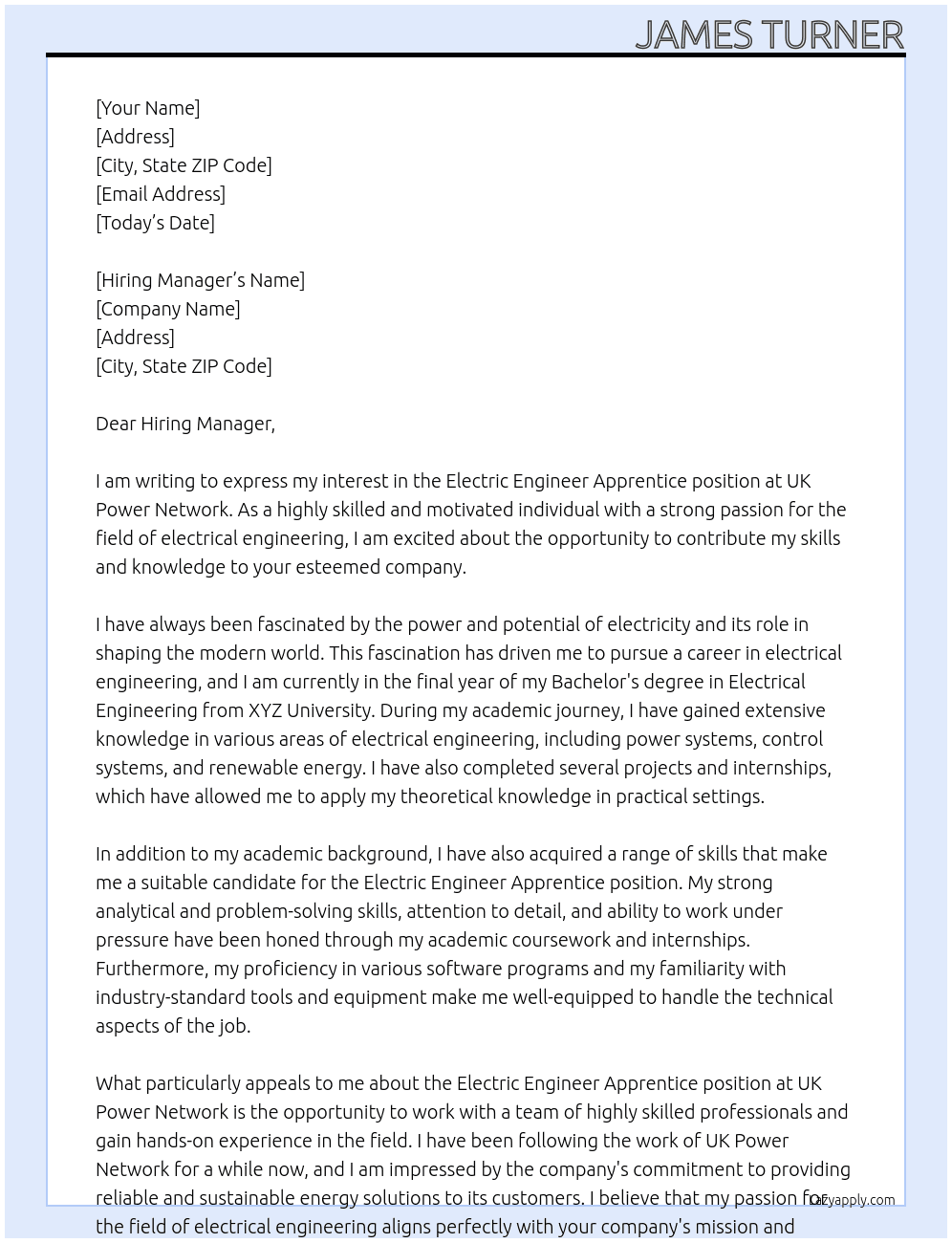 Cover letter for electric engineer apprentice - LazyApply