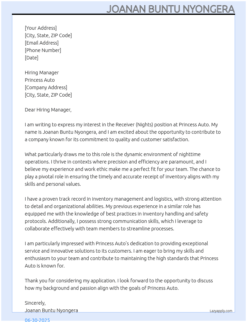 Receiver (Nights)  At Princess Auto Cover Letter