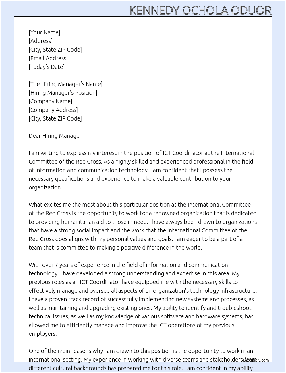 ICT Coordinator At International Committee of the Red Cross Cover Letter