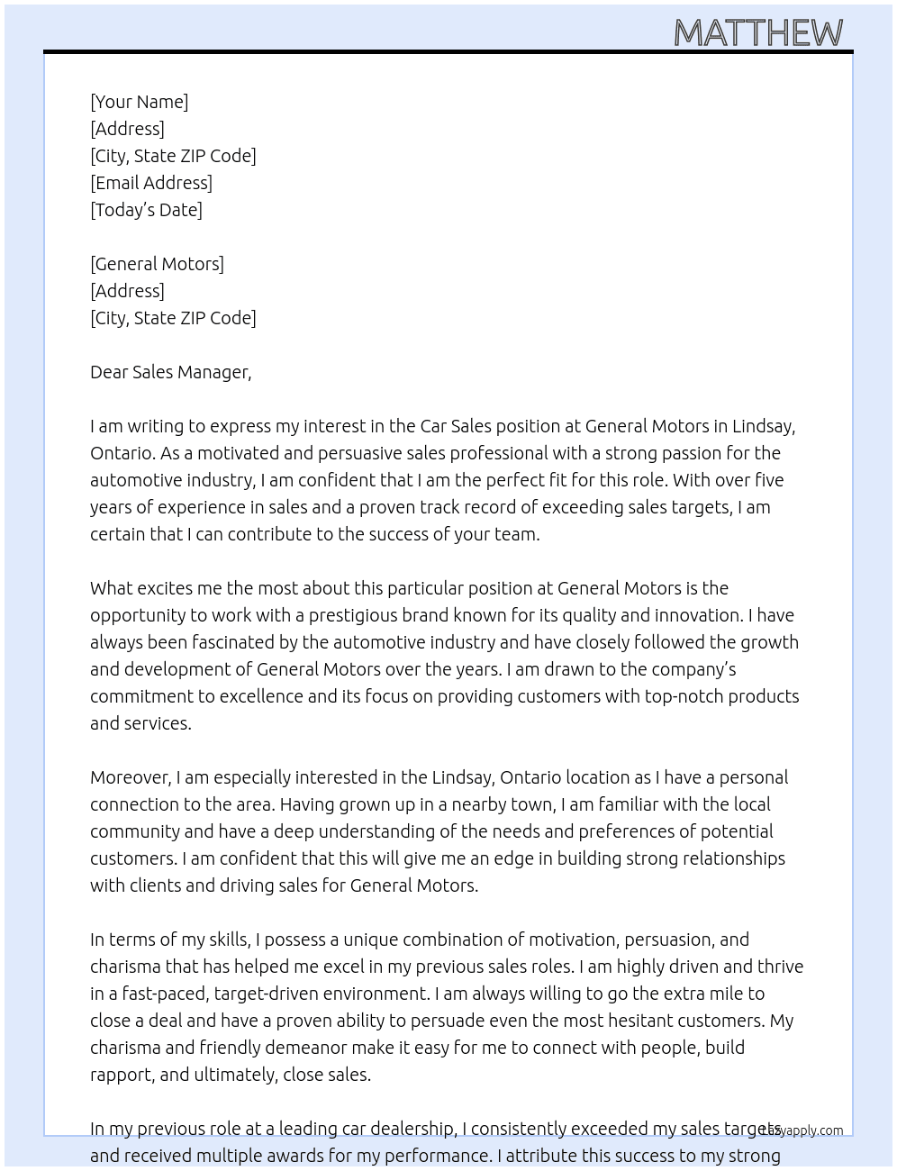 Car sales  At General Motors  Cover Letter
