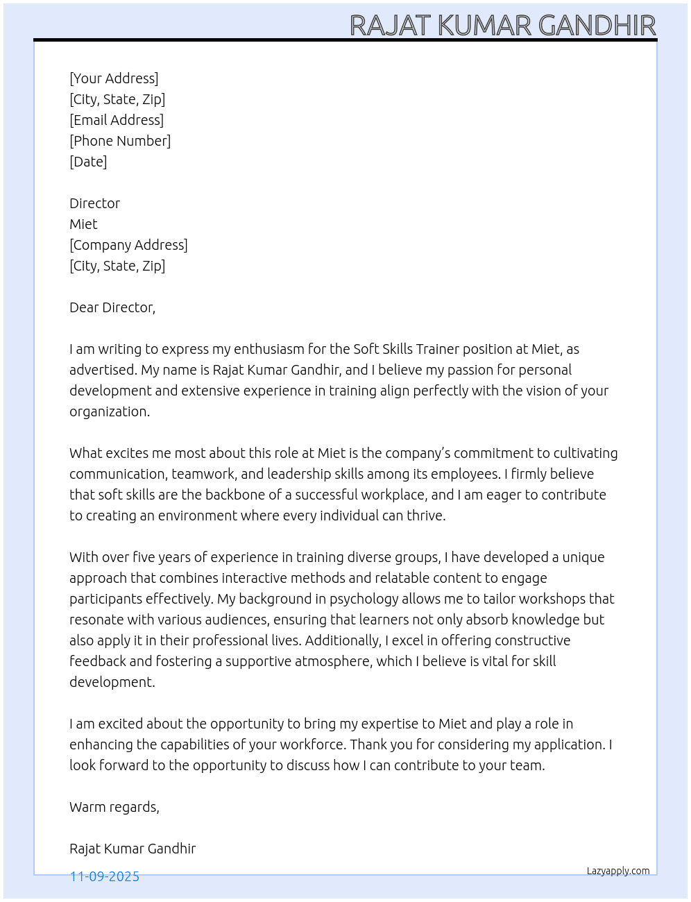 Soft skills trainer At Miet Cover Letter