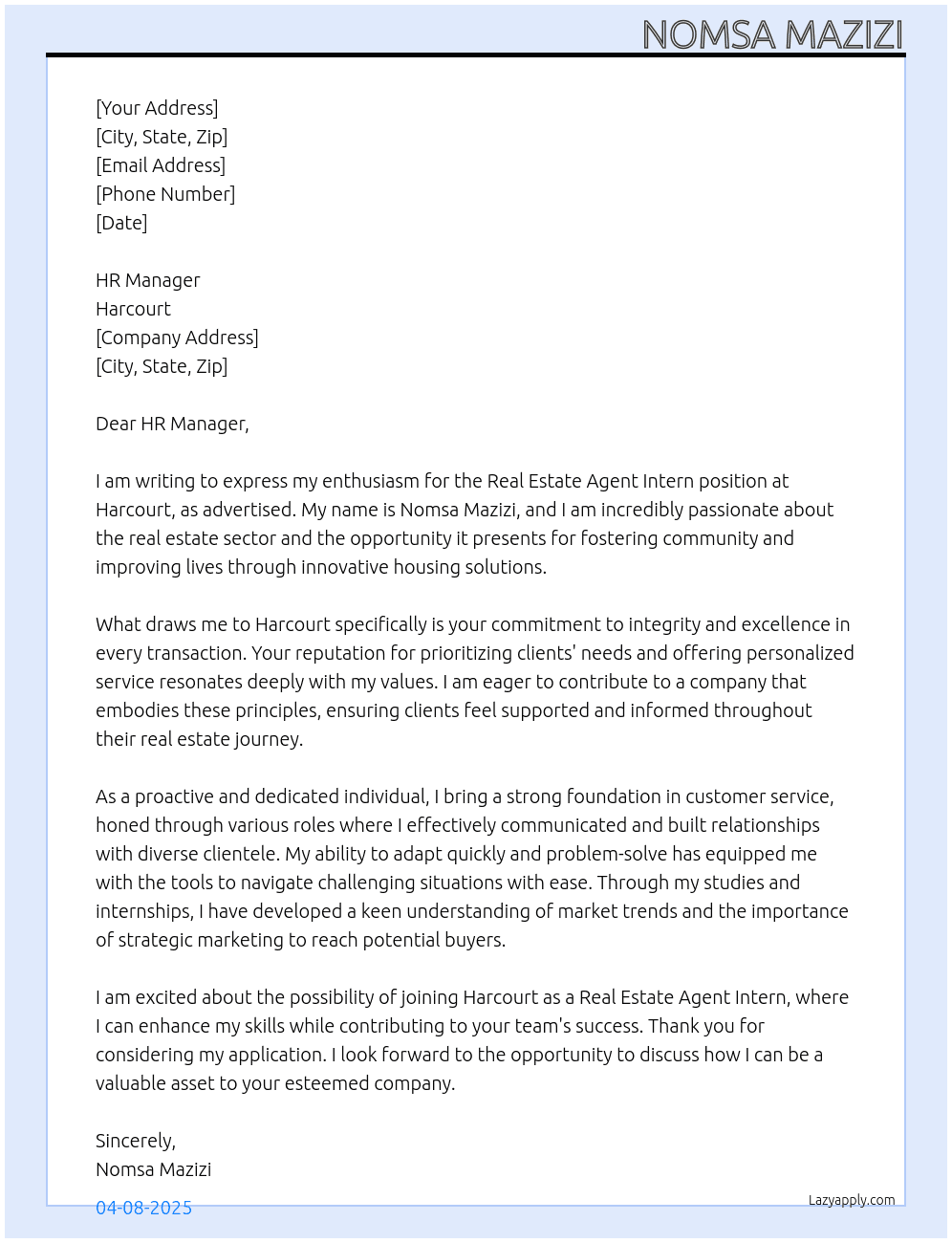 Real estate agent intern At Harcourt  Cover Letter