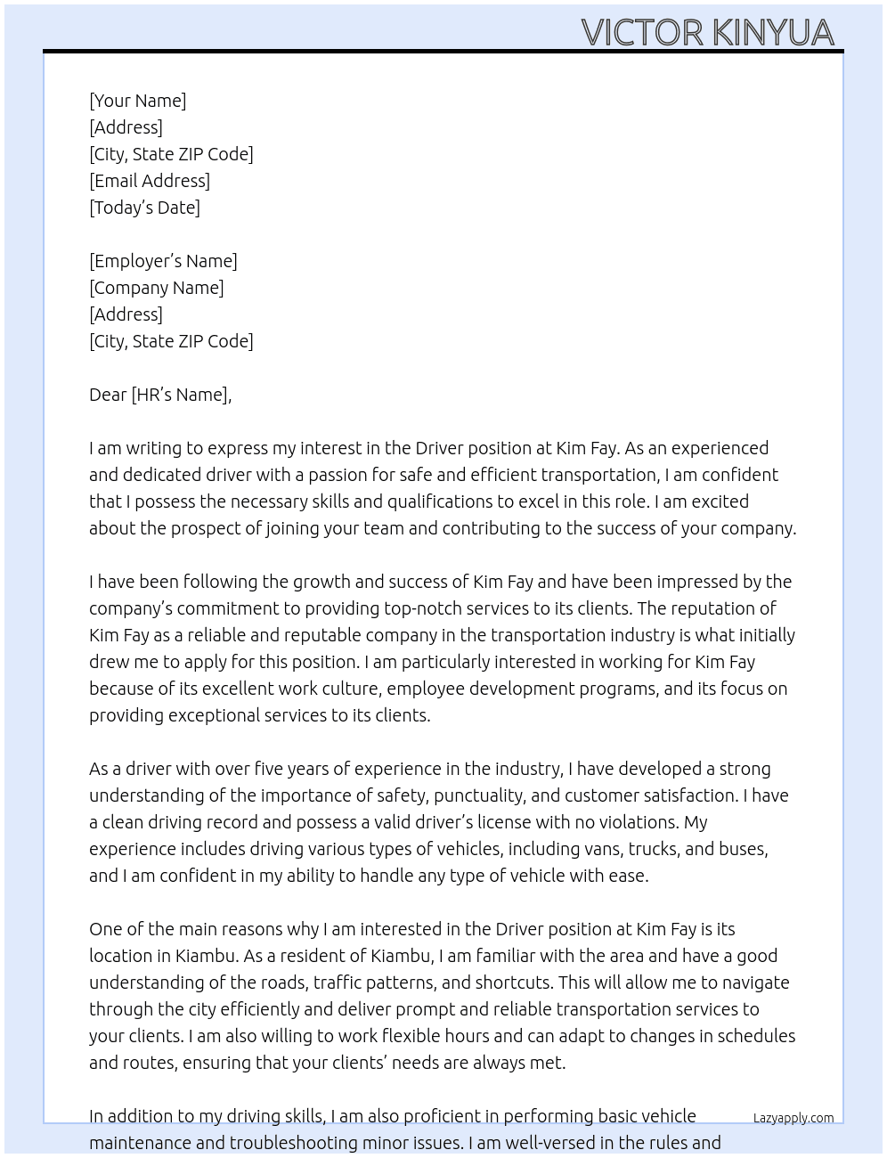 Driver At Kim fay  Cover Letter