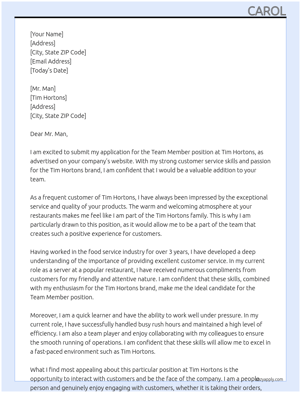 Team Member At Tim Hortons Cover Letter