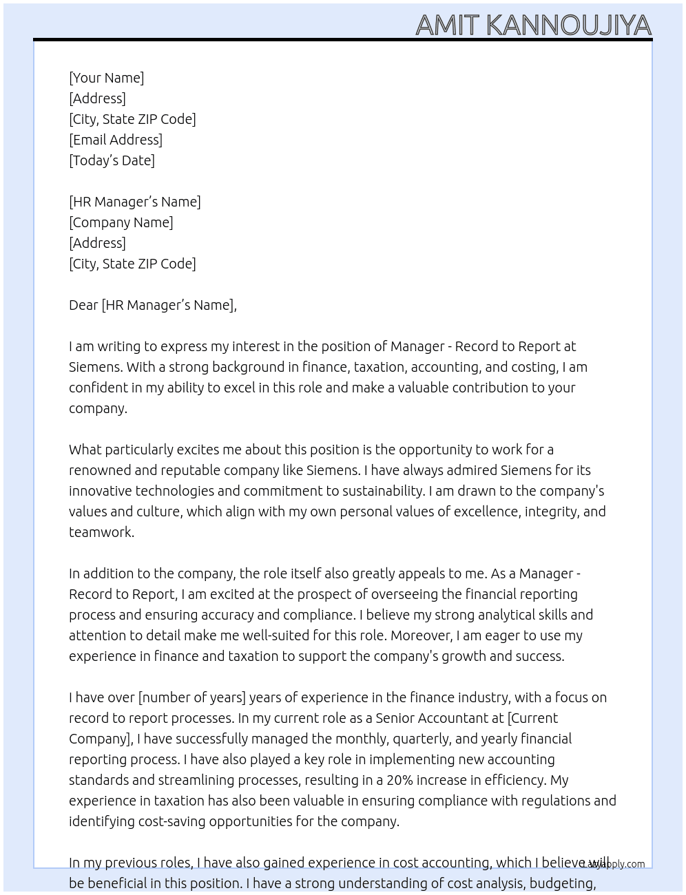 Cover letter for manager - record to report - LazyApply