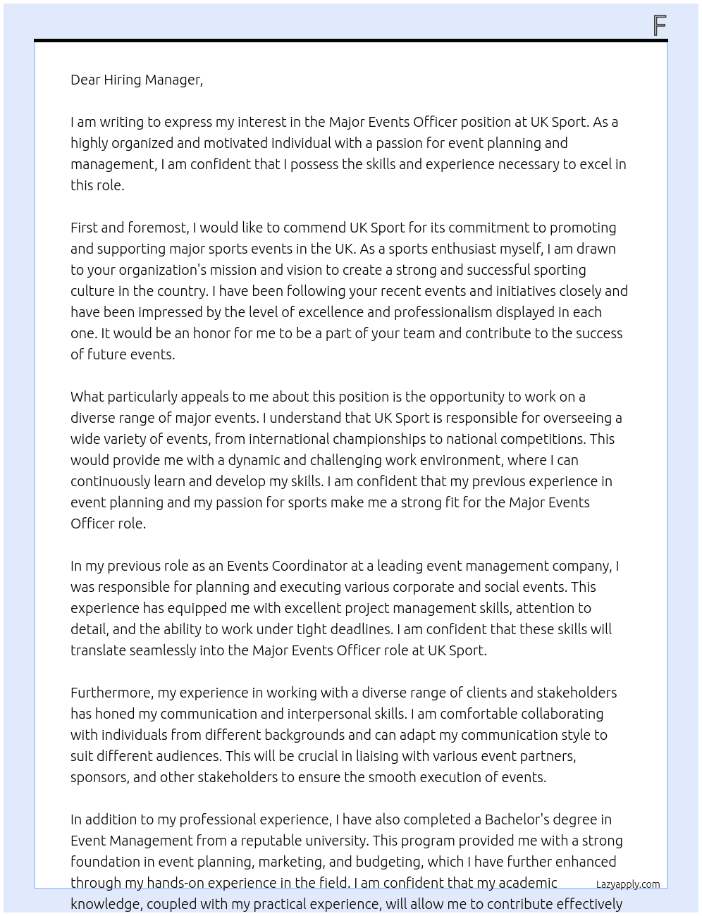 Major Events Officer At UK Sport Cover Letter