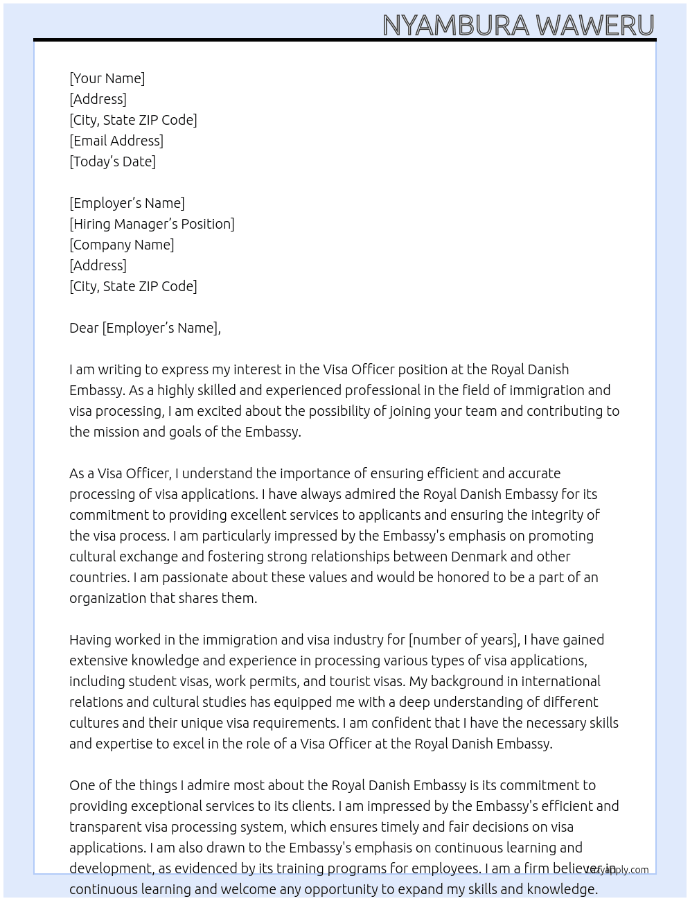 visa officer At Royal Danish Embassy Cover Letter