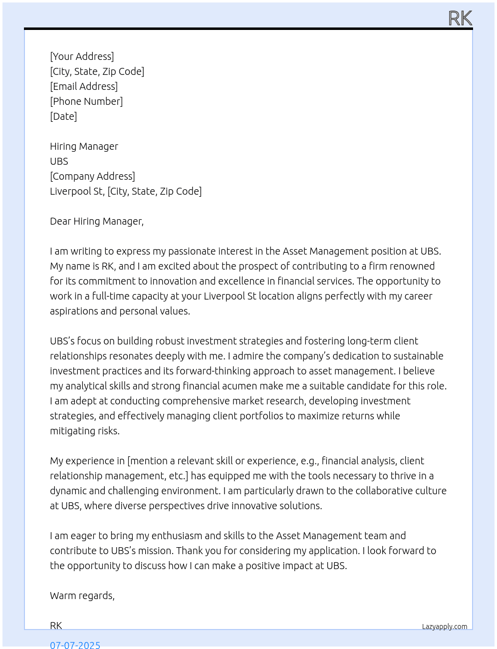 Asset Management At UBS Cover Letter