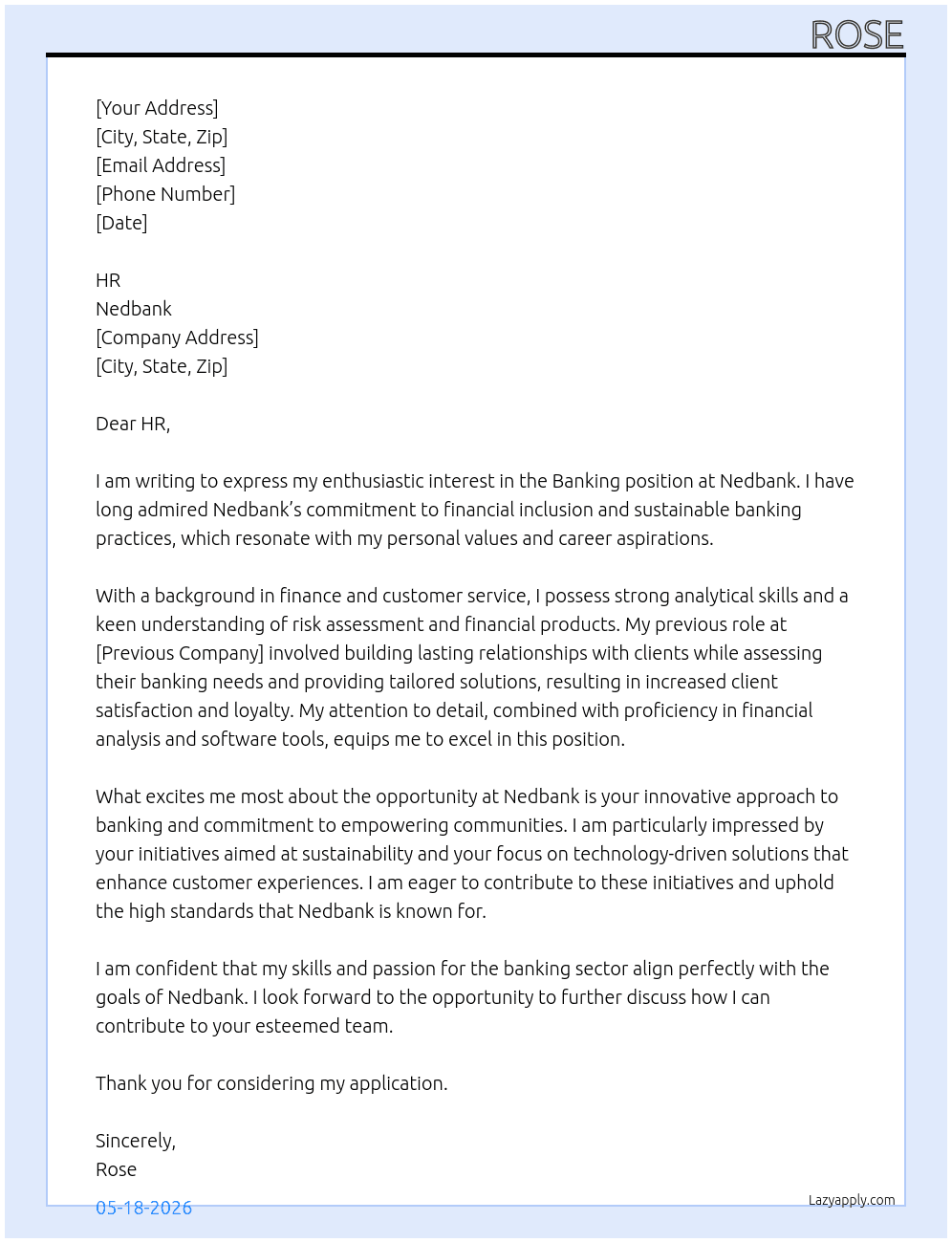 Banking At Nedbank  Cover Letter