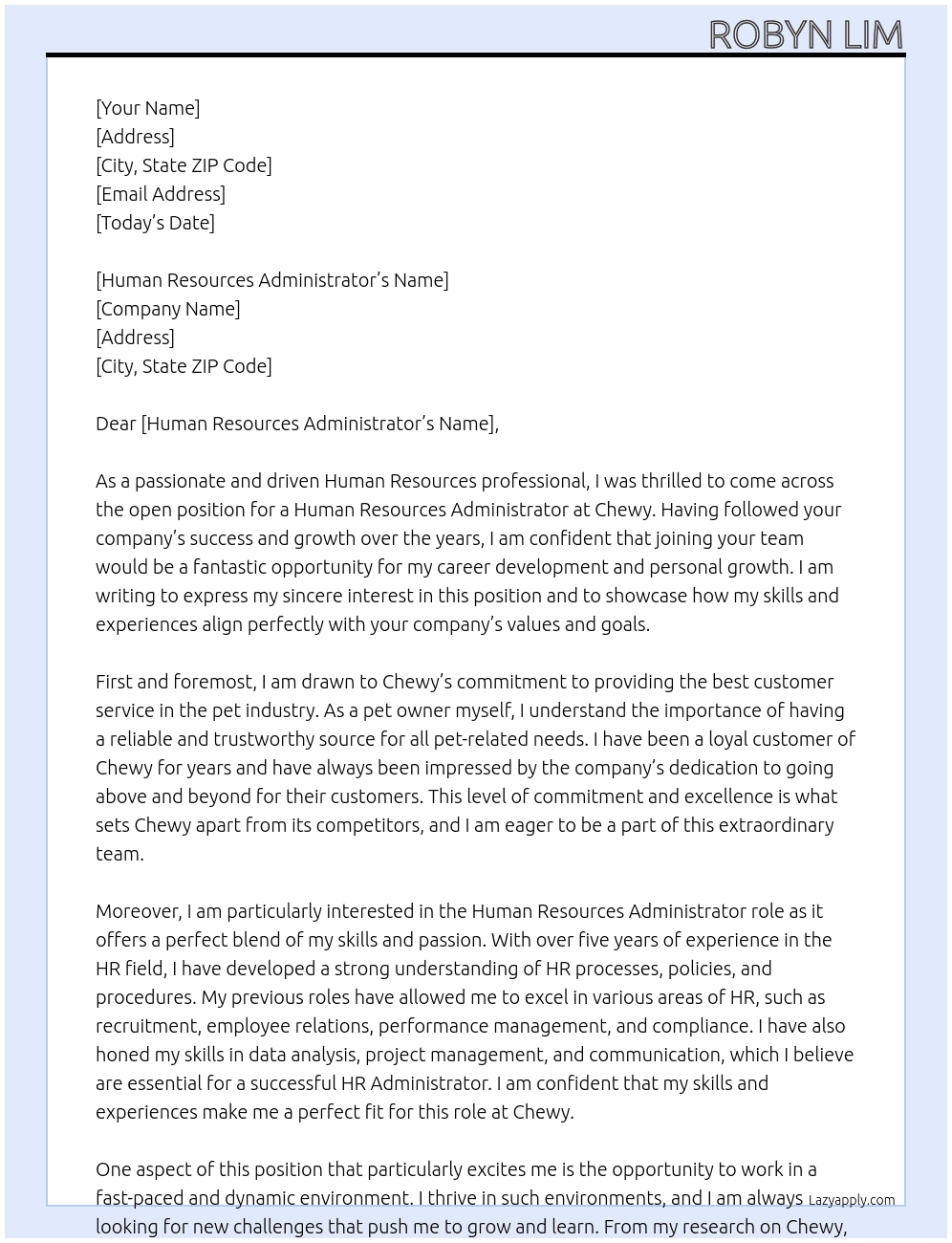 Human Resources Administrator At Chewy Cover Letter