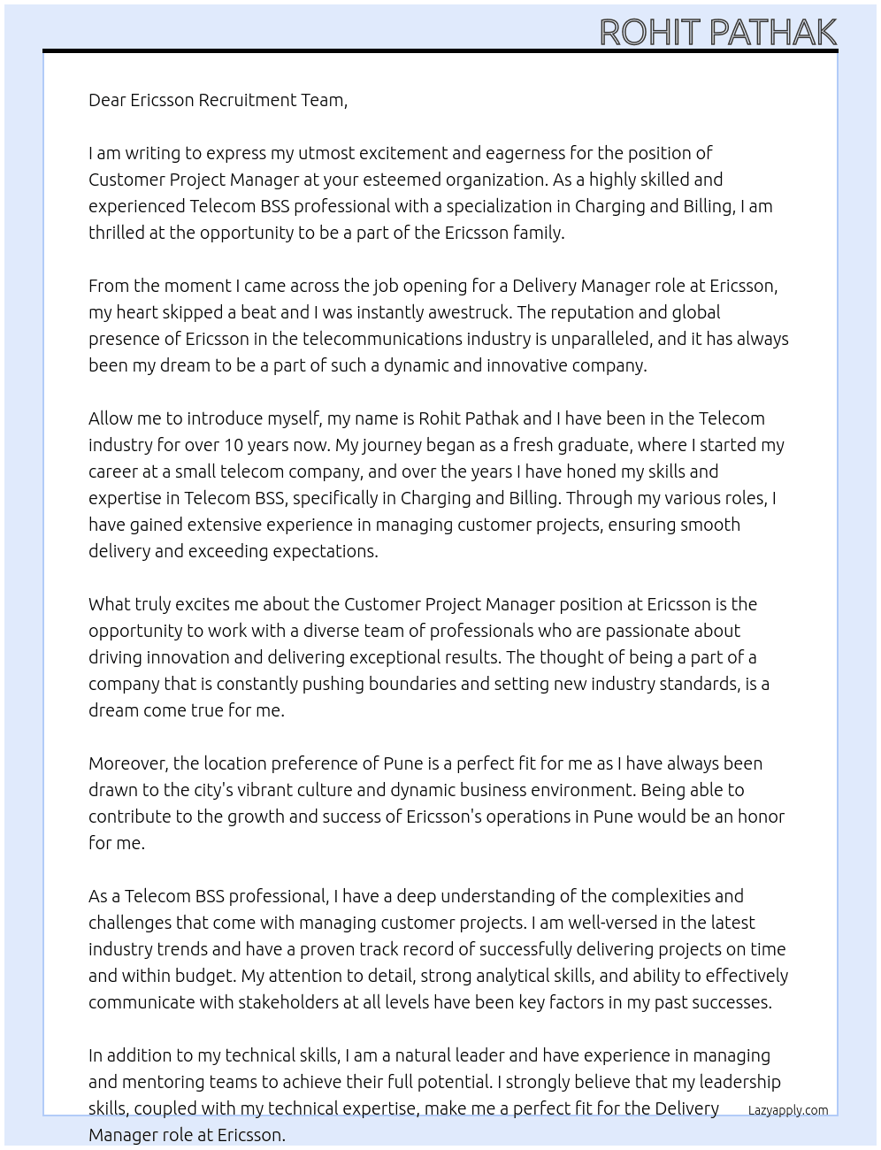 Cover letter for customer project manager - LazyApply