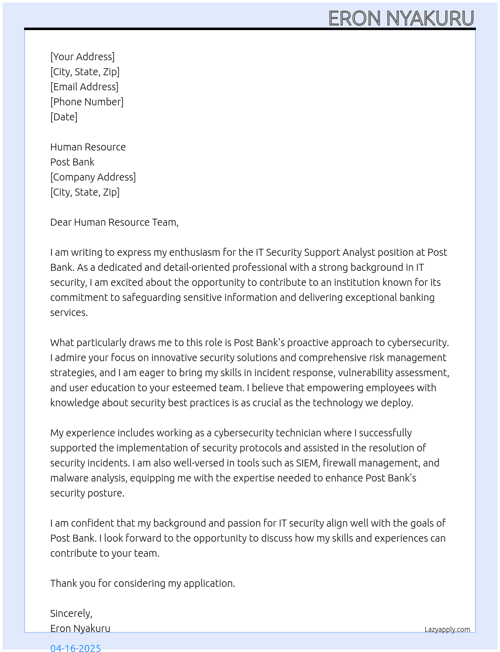 IT Security Support Analyst  At post bank Cover Letter