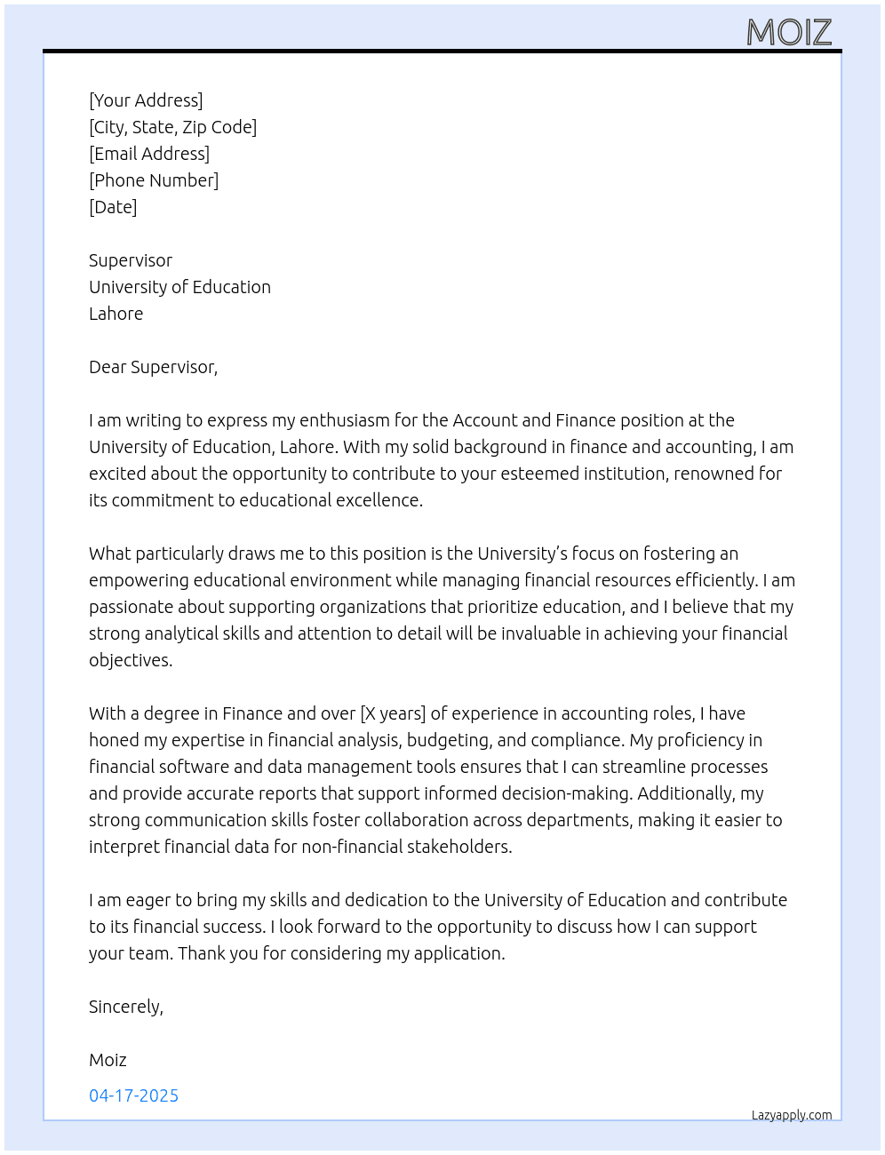 Cover letter for account and finance - LazyApply