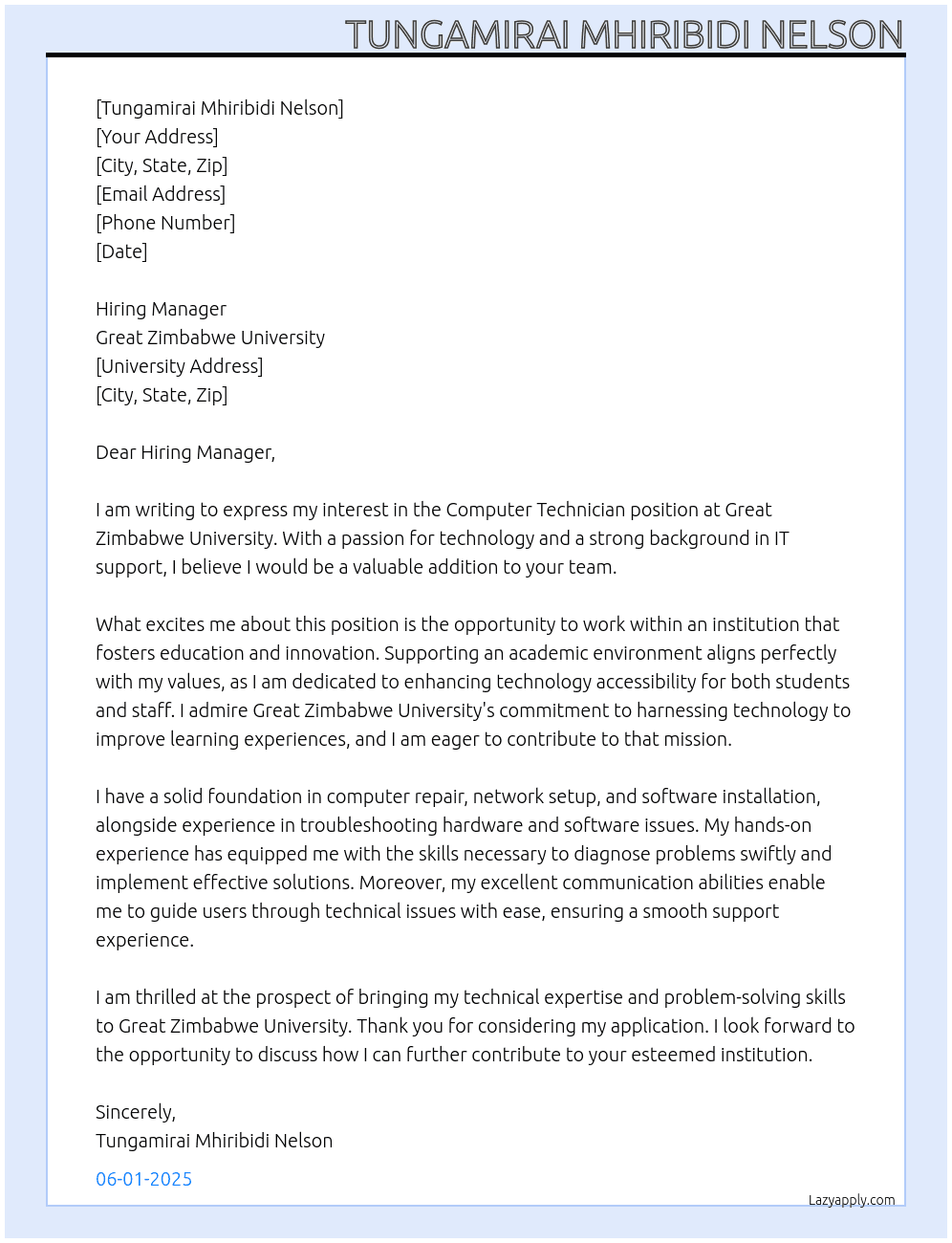 Computer Technician At Great Zimbabwe University Cover Letter