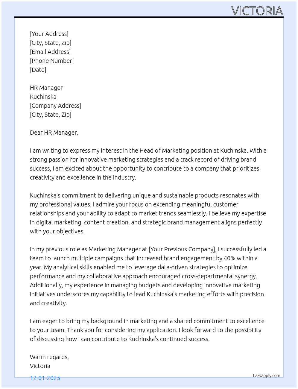 Head of Marketing At Kuchinska Cover Letter