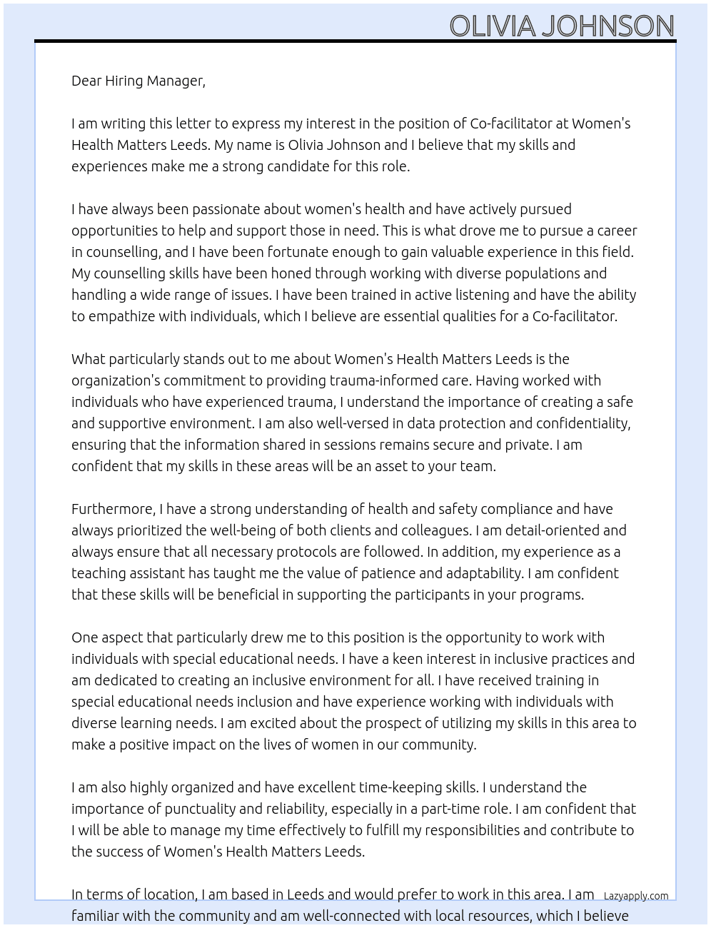 Co-facilitator At Women's Health Matters Leeds Cover Letter