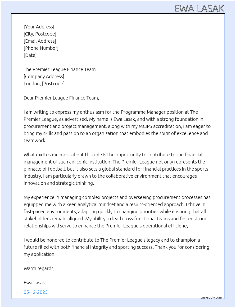 Cover letter for programme manager - LazyApply